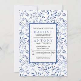 Modern indigo blue löv mönster bröllop inbjudningar