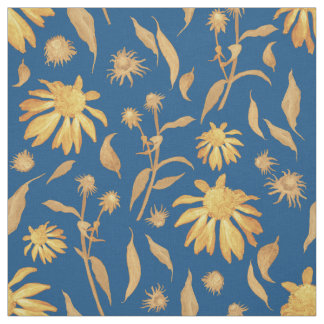 Modern Indigo Gult Cone Flowers on Blue Tyg