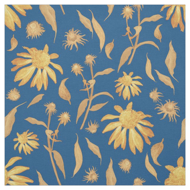 Modern Indigo Gult Cone Flowers on Blue Tyg (Provkarta)