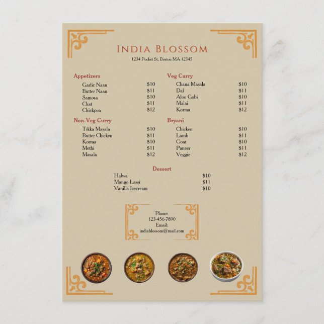 Modern indisk restaurang Guld kant Platt meny (Framsida)