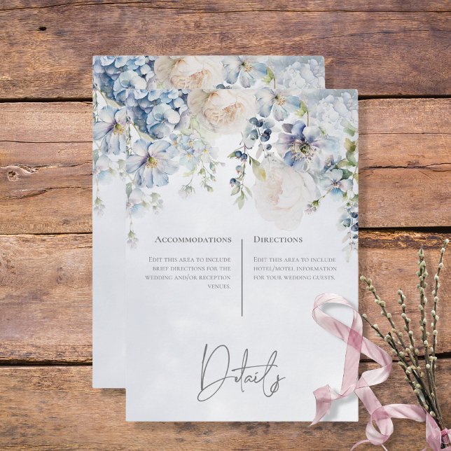 Modern information om blå och vit Blommigt Tilläggskort (Blue & White Floral Modern Wedding Details Enclosure Card)