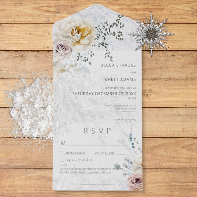 Modern information om Frosty Winter Pastel Blommig (Frosty Winter Pastel Floral Modern Details All In One Invitation)