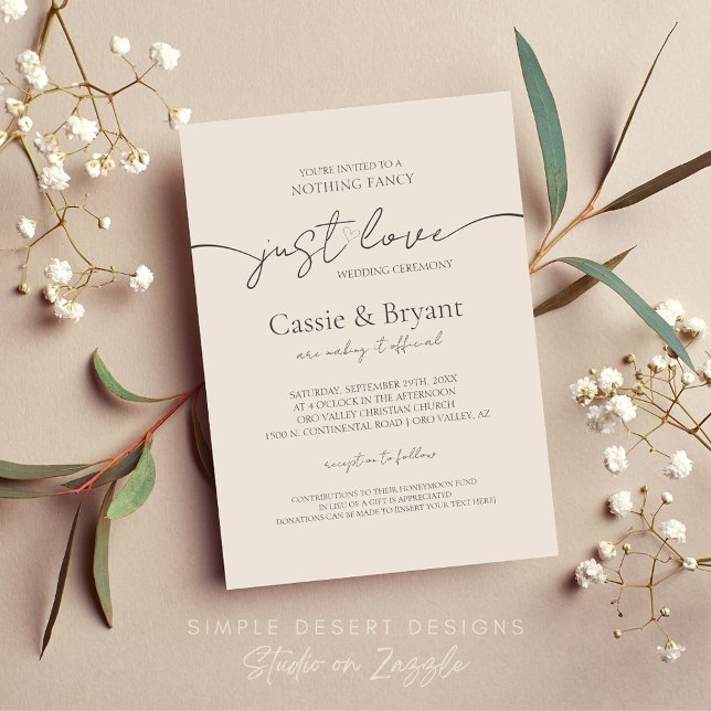 Modern ingenting Finare Just Kärlek Simple Bröllop Inbjudningar (Classic Minimalistic Simple Wedding Invitation with Modern Script)