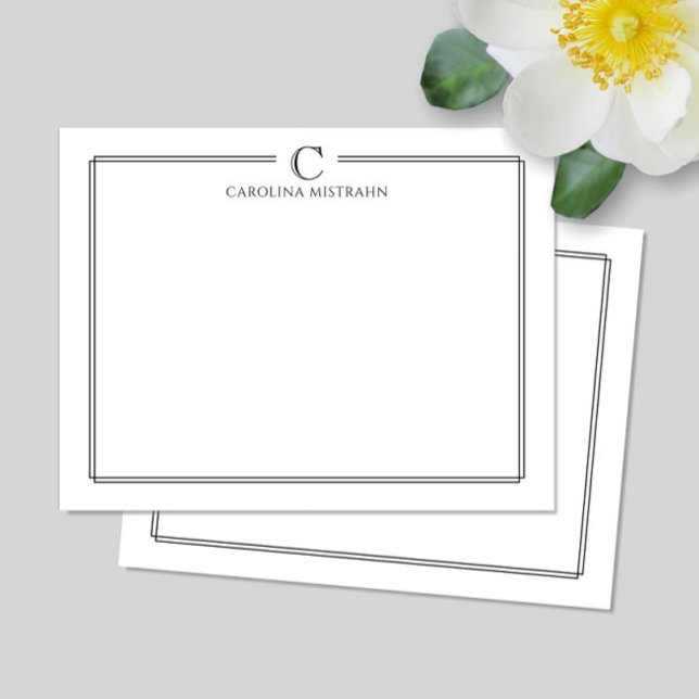 Modern Initial Black and White Border Stationery Anteckningskort (Skapare uppladdad)