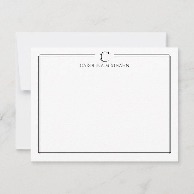 Modern Initial Black and White Border Stationery Anteckningskort (Framsida)