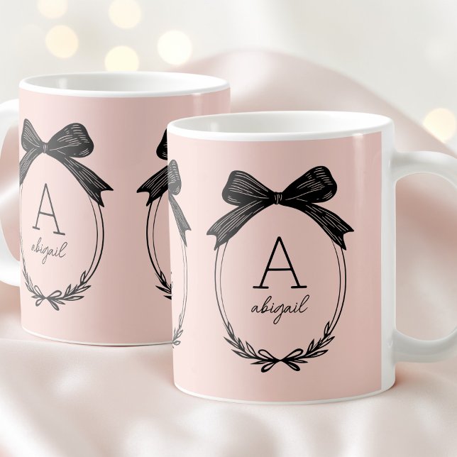 Modern initial Chic Black Bow  Rosa Monogram Kaffemugg (Modern Initial Chic Black Bow Blush Pink Monogram Coffee Mug)