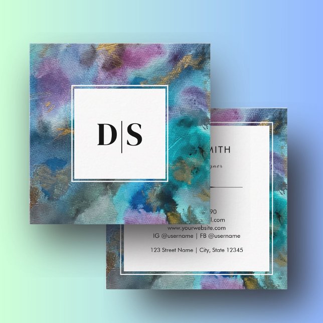 Modern Initial Kant Blå Akvarell Abstrakt Fyrkantigt Visitkort (Modern Initial Border Blue Watercolor Abstract Square Business Card)