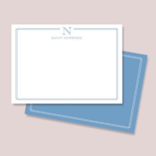 Modern Initial Monogram Blå Kant Brevpapper Anteckningskort