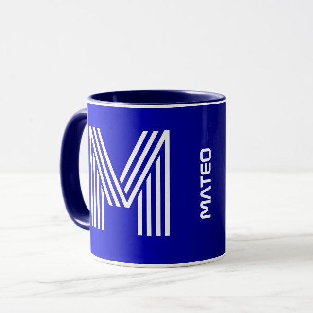 Modern Initial & Namn | Unikt Blue Black Monogram Mugg (Framsida vänster)