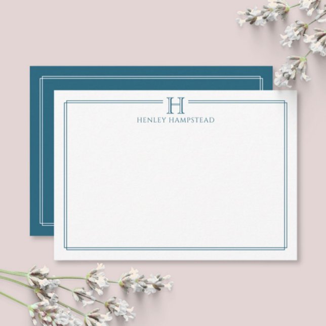 Modern Initial Patina Blue Border Stationery Anteckningskort (Skapare uppladdad)