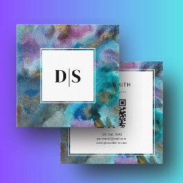 Modern Initial QRCode BlueTeal Watercolor Abstract Fyrkantigt Visitkort