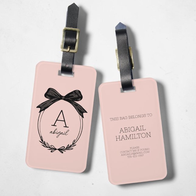 Modern Initial Svart Rosett Blush Rosa Monogram Bagagebricka (Modern Initial Black Bow Blush Pink Monogram Luggage Tag)