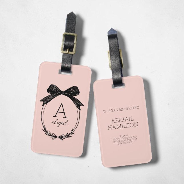 Modern Initial Svart Slinga Rosé Monogram Bagagebricka (Modern Initial Black Bow Blush Pink Monogram Luggage Tag)