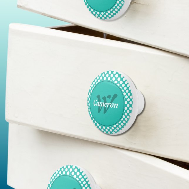 Modern Initial Turkos Vit Prickmönster Knopp (Modern Name Initial Turquoise White Polka Dots Ceramic Knob)