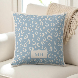 Modern Initialer Blå Leopardfläckar Tryck Monogram Kudde