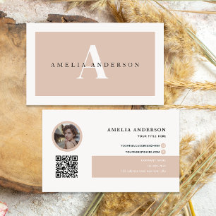 Modern Initialer Namn Beige Round Photo QR-kod Visitkort