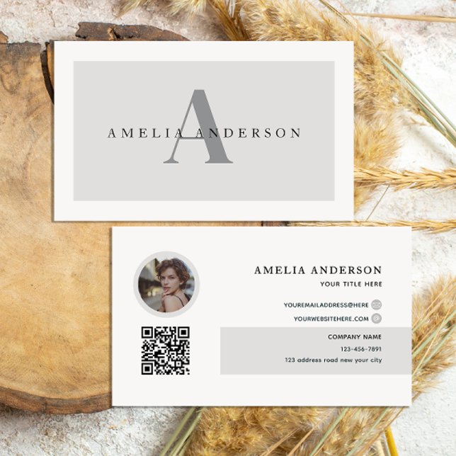 Modern Initialer Namn Grått Round Photo QR-kod Visitkort (Skapare uppladdad)