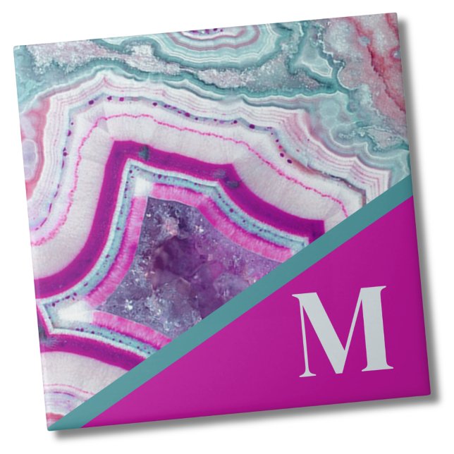 Modern Initialmonogram Kakelplatta (Trendy Bright Turquoise Fuchsia Stone Monogrammed ceramic tile)