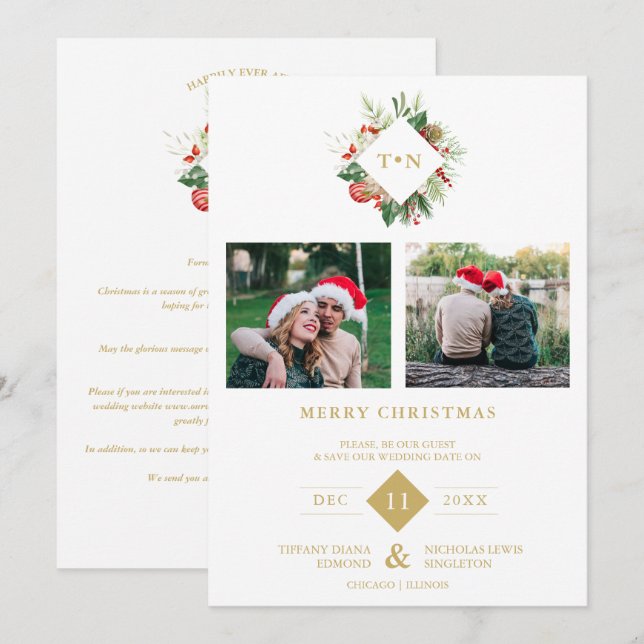 Modern Initials Floral Christmas Wreath 2 Photos  Spara Datumet (Fram/baksida)