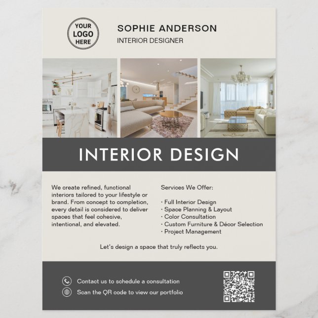Modern Interiördesigner Marknadsföring Neutral Grå Reklamblad (Framsidan)