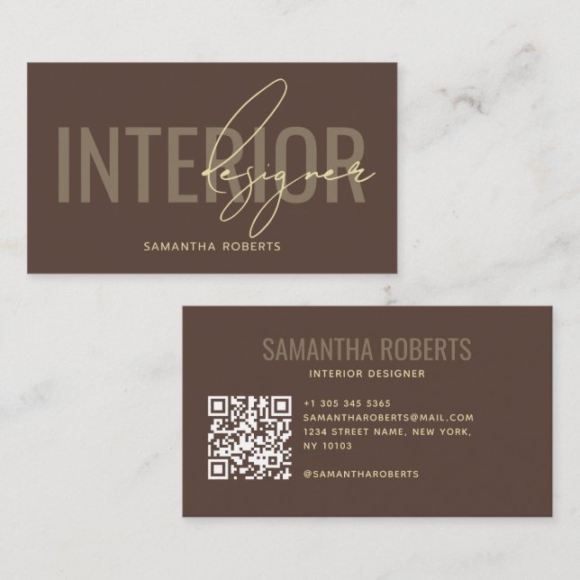 Modern interiördesigner QR-kod brun Visitkort (Fram/baksida)