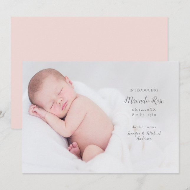Modern introduktion av Flicka Photo Rosa Birth Meddelande (Fram/baksida)