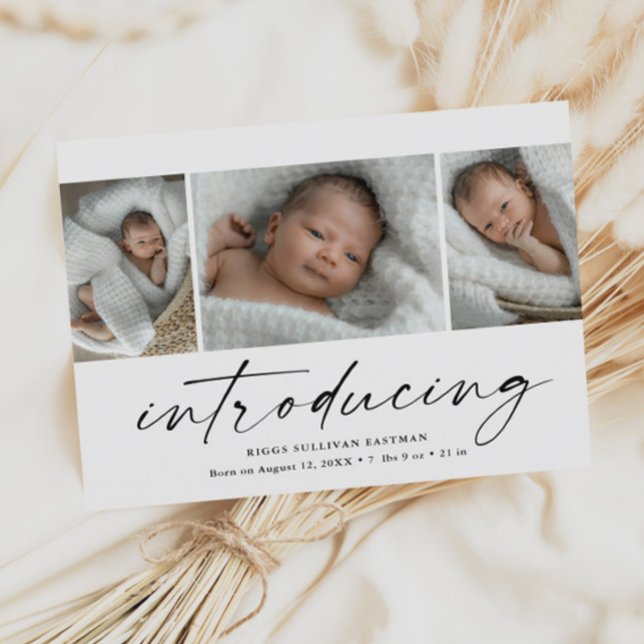 Modern Introduktion Baby Fotokollage Tack Kort (Modern script introducing 3 photo collage baby birth announcement thank you card.)
