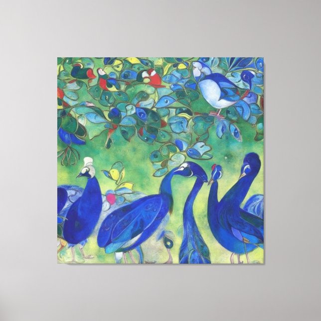 Modern intsionistisk blå peacocks på Canvas (Framsida)