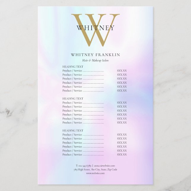 Modern Iridescent Monogram Salong Service Meny (Framsidan)