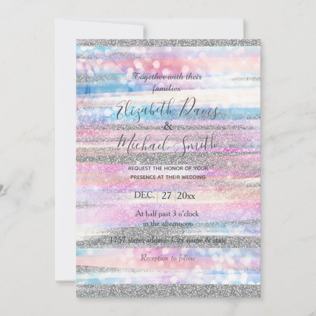 Modern Iridescent & Silver Glitter Strokes Rand Inbjudningar (Framsida)