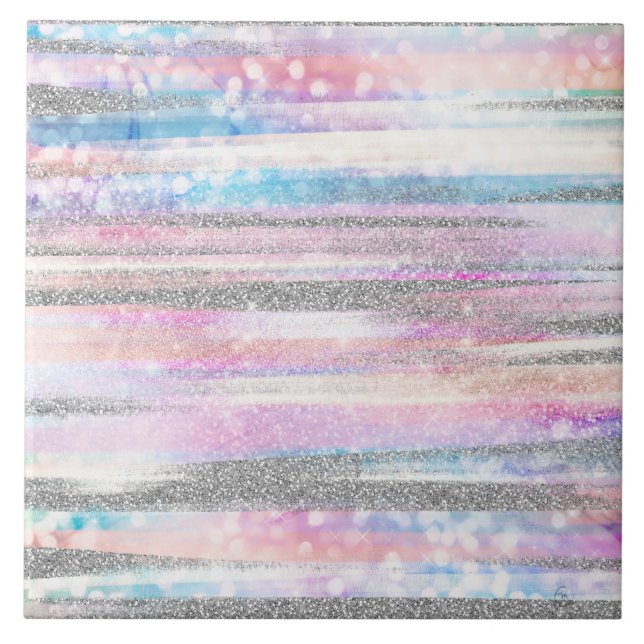 Modern Iridescent & Silver Glitter Strokes Rand Kakelplatta (Framsidan)