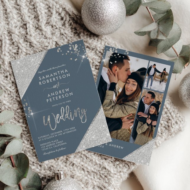 Modern isblått och Silver Glitter 3-foto Bröllop Inbjudningar (Modern Ice Blue and Silver Glitter 3-Photo Wedding Invitation)