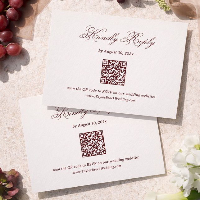 Modern Ivory and Burgundy Wedding RSVP Qr Code Tilläggskort (Skapare uppladdad)