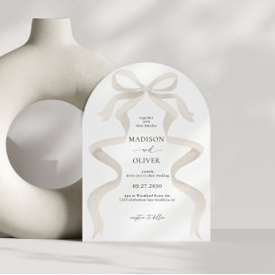 Modern Ivory Beige Bow Monogram Arch Bröllop Inbjudningar