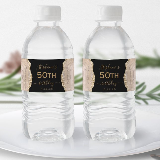 Modern Ivory Guld Agat Mörk 50-årsdag Vattenflaskor Etikett (Skapare uppladdad)