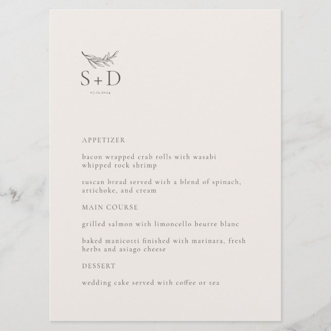 Modern Ivory Monogrammed Bröllop Menu Meny (Framsida)