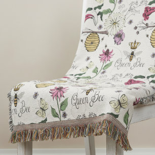 Modern ivory Queen Bee Blommigt Illustration Mönst Filt