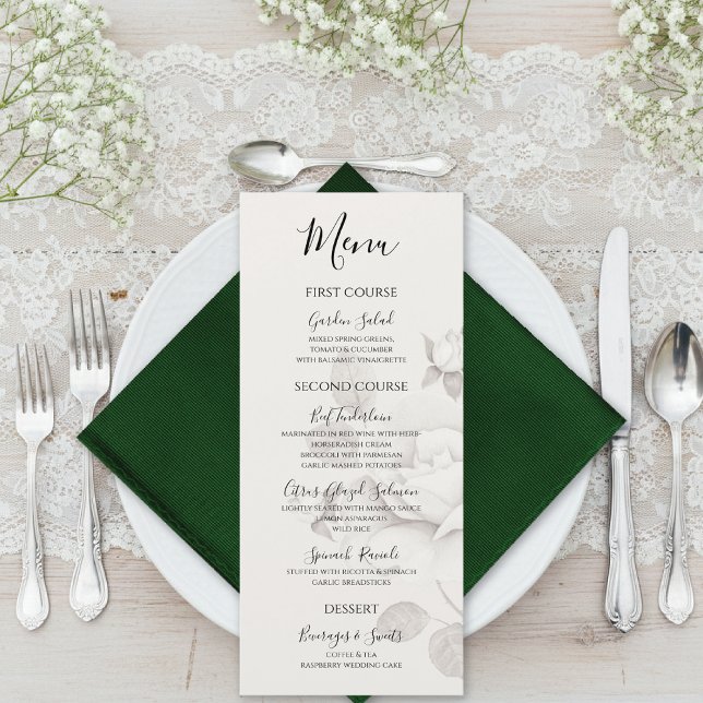 Modern Ivory Rose Wedding Flat Menu Meny (Skapare uppladdad)