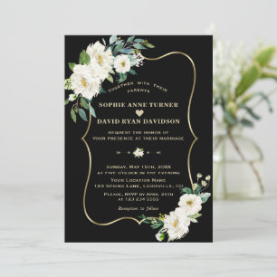 Modern Ivory White Flowers Ro Guld Black Bröllop Inbjudningar