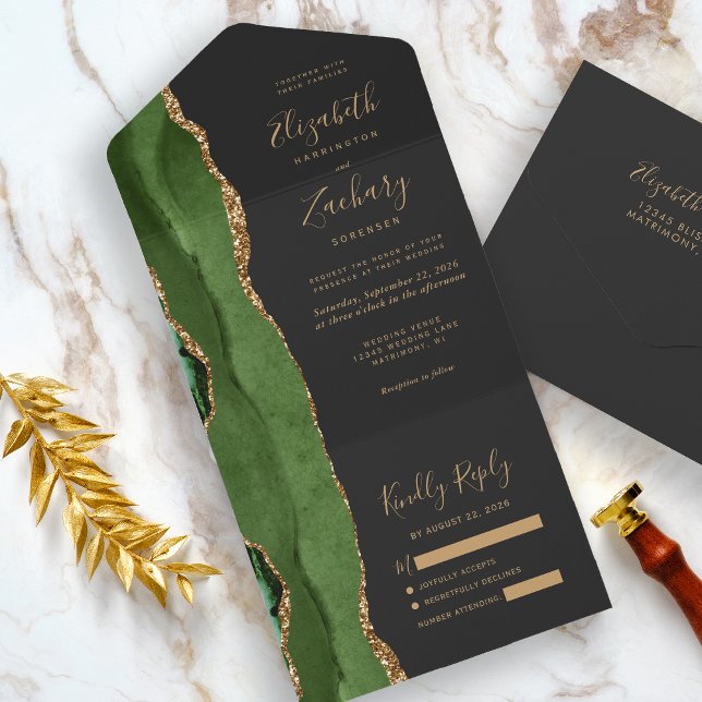 Modern Jägare Grön Guld Agat Mörk Bröllop (An elegant choice for a green and gold themed wedding.)