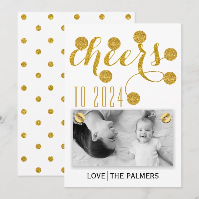 Modern jakt på nyårsfoto 2024 guld glitter julkort (Fram/baksida)