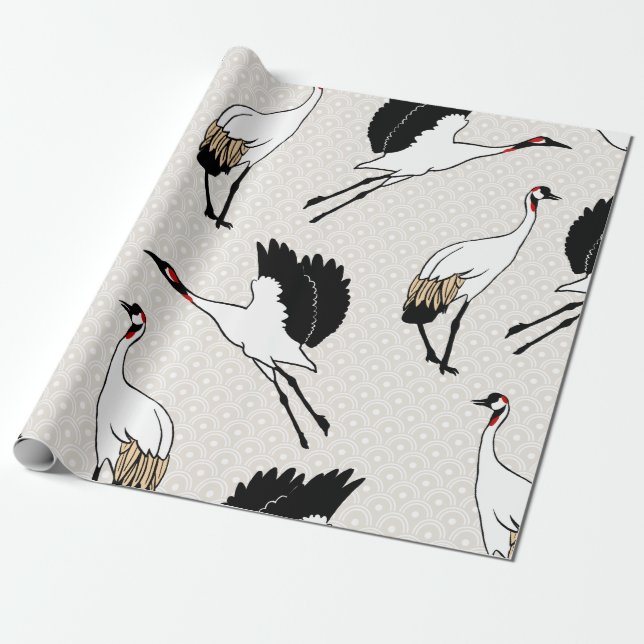 Modern japansk Cranes & Taupe Scallops Presentpapper (Utrullad)
