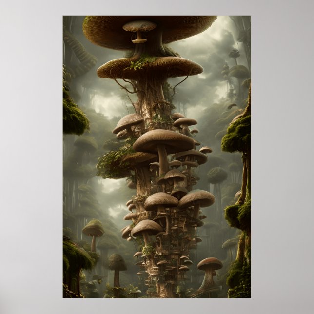 Modern, jättefärgad svampgård i träd surrealistisk poster (Framsidan)