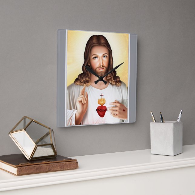 "Modern Jesus Wall Clock with Inspirational Art" Fyrkantig Klocka (Kontor)