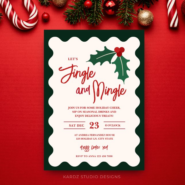 Modern Jingle Mingle Julfest Invitation Julkort (Jingle and Mingle, Christmas card invitations for a festive celebration. Personalize and buy online.)