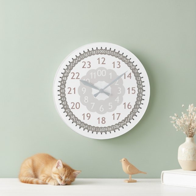 Modern jordisk ton med 24 timmars- och minusmärkni stor klocka (Unique 24 hour 60 minute large wall clock.)