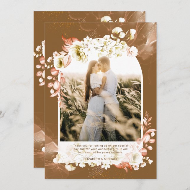 Modern Jordnära Brun Korall Blommig FOTO TACK KORT (Fram/baksida)