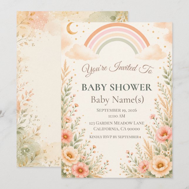 Modern jordnära regnbåge baby shower | Pastell reg Inbjudningar (Fram/baksida)