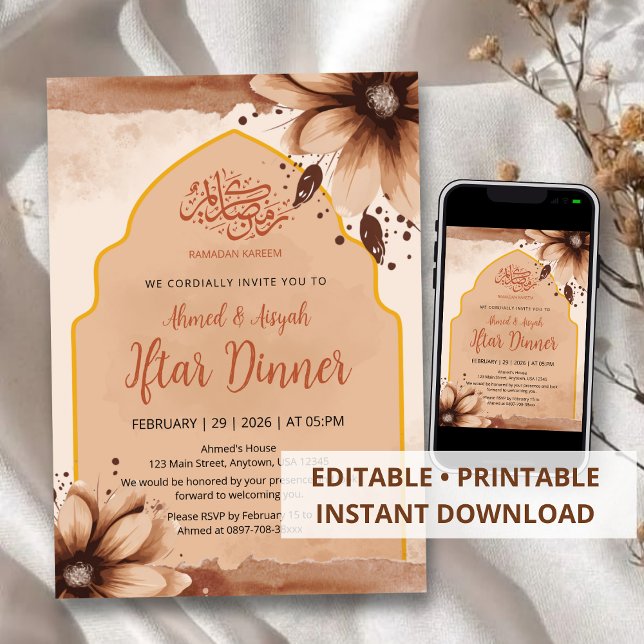 Modern jordton Floral välvd Iftar-inbjudan Inbjudningar (Skapare uppladdad)
