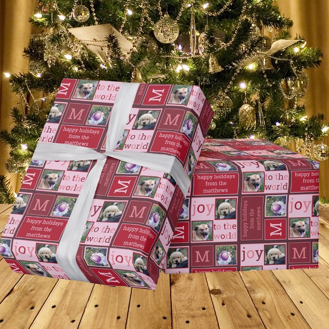 Modern JOY Chic Burgundy Red Rosa 3 Photo Collage Presentpapper (Skapare uppladdad)